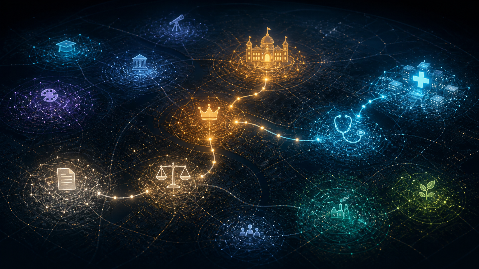 Mapa luminoso de pontos e regiões conceituais conectadas, representando embeddings
